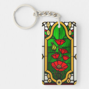 Red Flower Elegant Stained Glass Art Key Ring