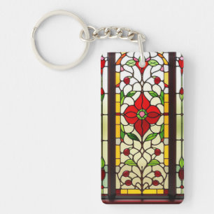 Red Flower Elegant Stained Glass Art Key Ring