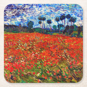 Red Flower Field, Van Gogh Square Paper Coaster