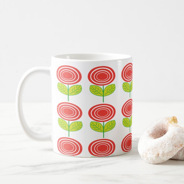 Red Flower Floral Geometric Coffee Mug (With Donut)