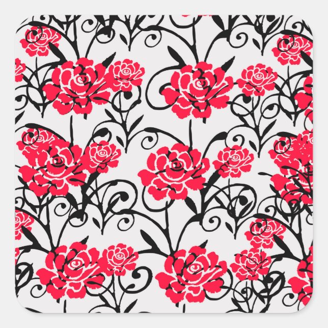 Red Flower Floral Illustration Pattern Design Square Sticker (Front)