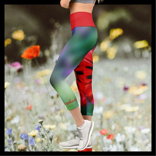 Red Flower Floral Personalised Name Capri Leggings