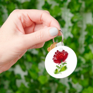 Red Flower Green Leaves Plant Key Ring