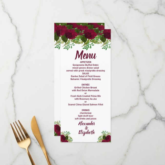 Red Flower Greenery Wedding Reception Menu  (Front/Back In Situ)