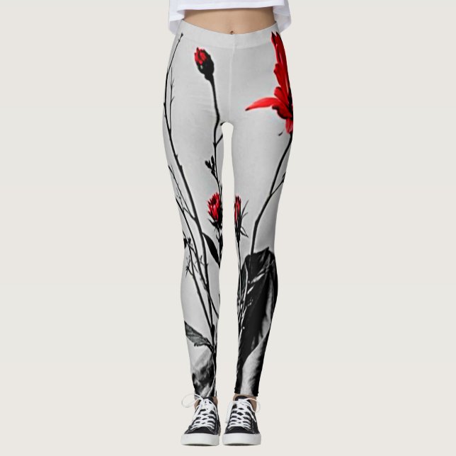 Red Flower Grey Art Leggings (Front)