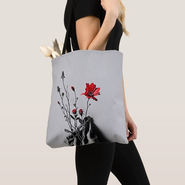 Red Flower Grey Art Tote Bag (Close Up)