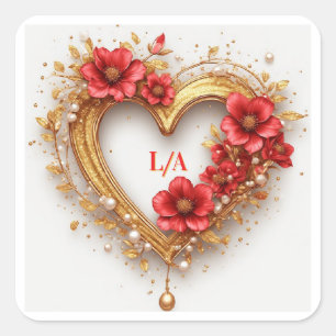 💍 Red Flower Heart Wreath For Couples & Weddings Square Sticker