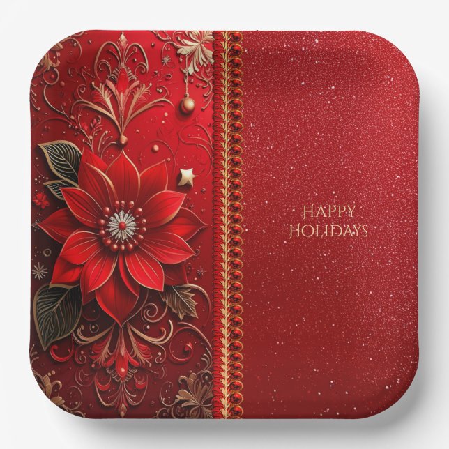 Red Flower Holiday Paper Plate (Front)
