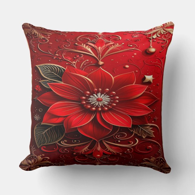 Red Flower Holiday Throw Pillow (Front)