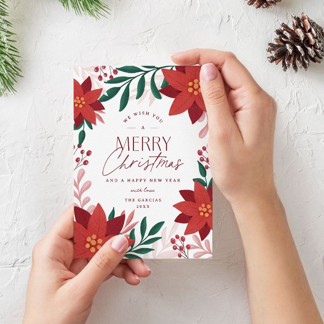 Red Flower Illustrations Merry Christmas Greeting Holiday Card (festive and elegant poinsettia Christmas greeting card)