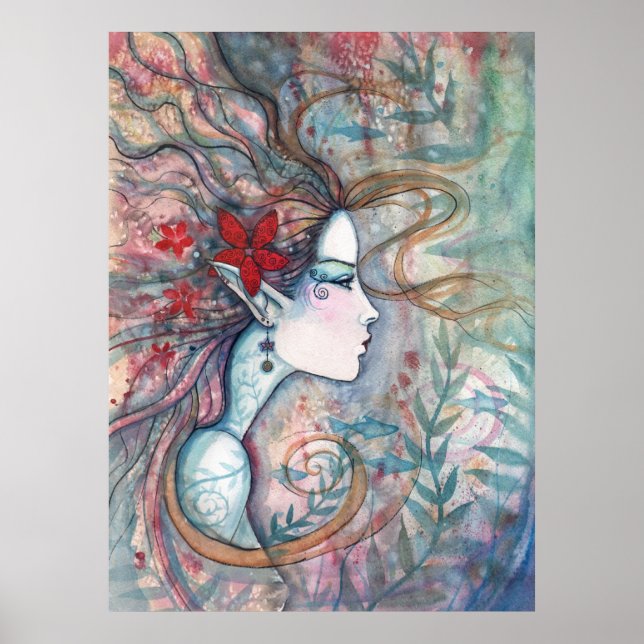 Red Flower Mermaid Poster by Molly Harrison (Front)