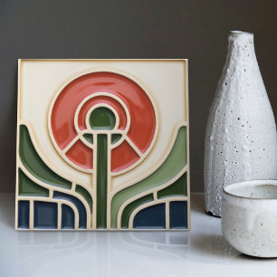 Red Flower Mid-Century Symmetry Arts and Crafts Tile