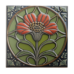 Red Flower Mid-Century Symmetry Arts and Crafts Tile