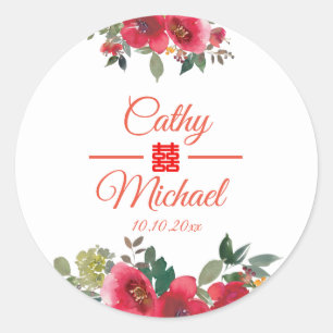 Red flower modern double happiness Chinese wedding Classic Round Sticker