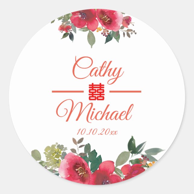 Red flower modern double happiness Chinese wedding Classic Round Sticker (Front)