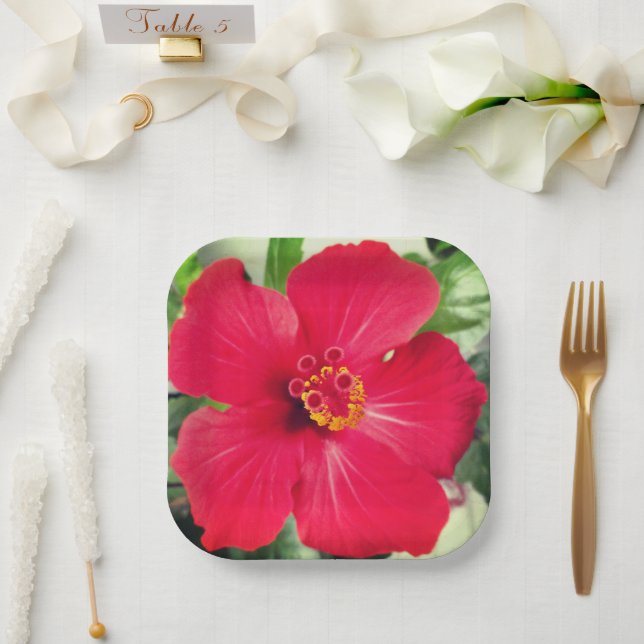 Red Flower of Hibiscus Rosa-sinensis Paper Plate (Wedding)