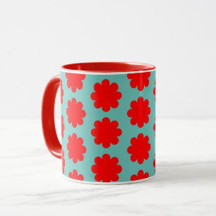 Red Flower on Aqua Blue Retro Vibe Mug Cup