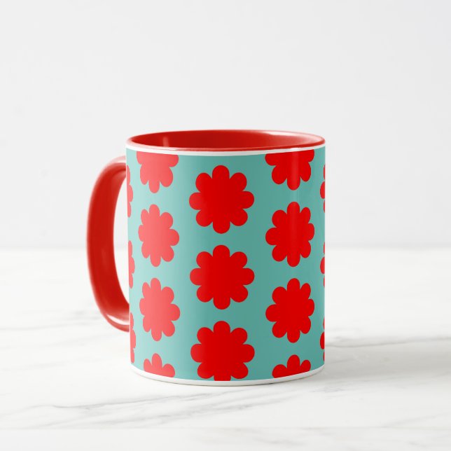 Red Flower on Aqua Blue Retro Vibe Mug Cup (Front Left)