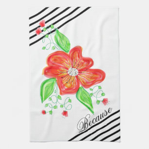 Red Flower On Black And White Stripe Towel
