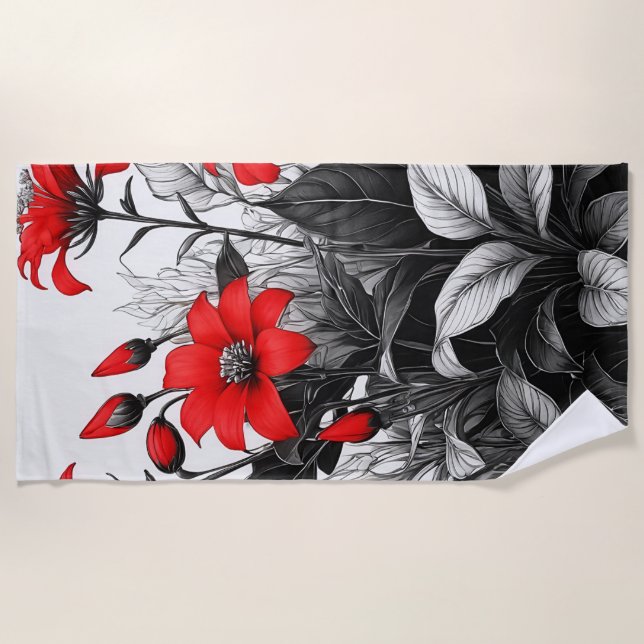 Red Flower On Black White Plant  Beach Towel (Front)