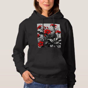 Red Flower On Black White Plant Hoodie