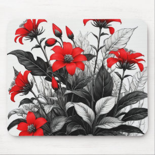 Red Flower On Black White Plant  Mouse Mat