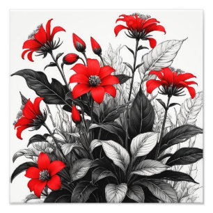 Red Flower On Black White Plant Photo Print