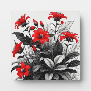 Red Flower On Black White Plant  Plaque