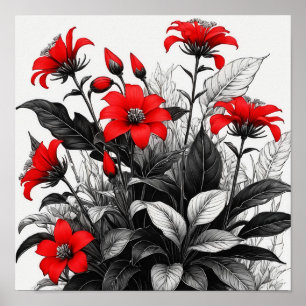 Red Flower On Black White Plant Poster