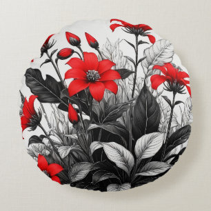 Red Flower On Black White Plant Round Cushion