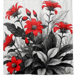 Red Flower On Black White Plant Shower Curtain