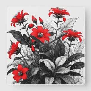Red Flower On Black White Plant Square Wall Clock