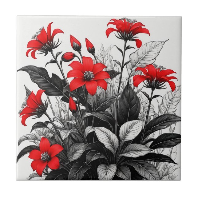Red Flower On Black White Plant  Tile (Front)