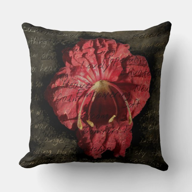 Red Flower on Grunge Text Cushion (Front)
