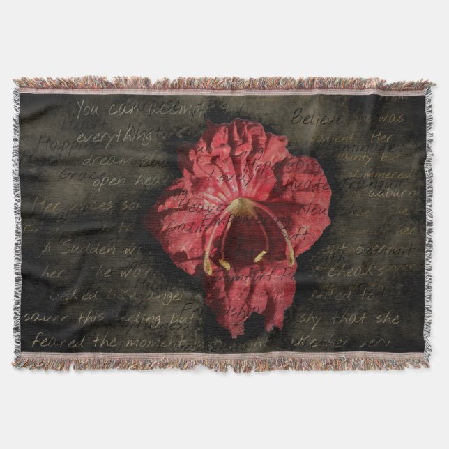 Red Flower on Grunge Text Throw Blanket (Front)