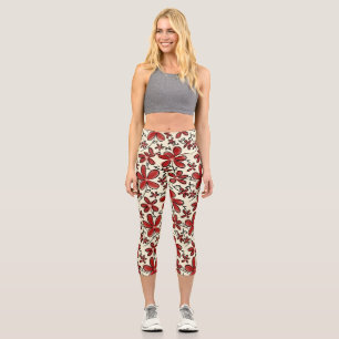 Red flower pattern capri leggings