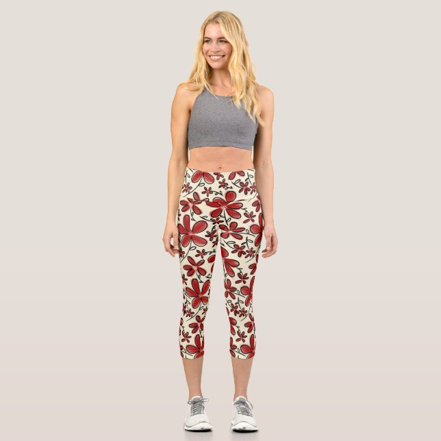 Red flower pattern capri leggings (Front)