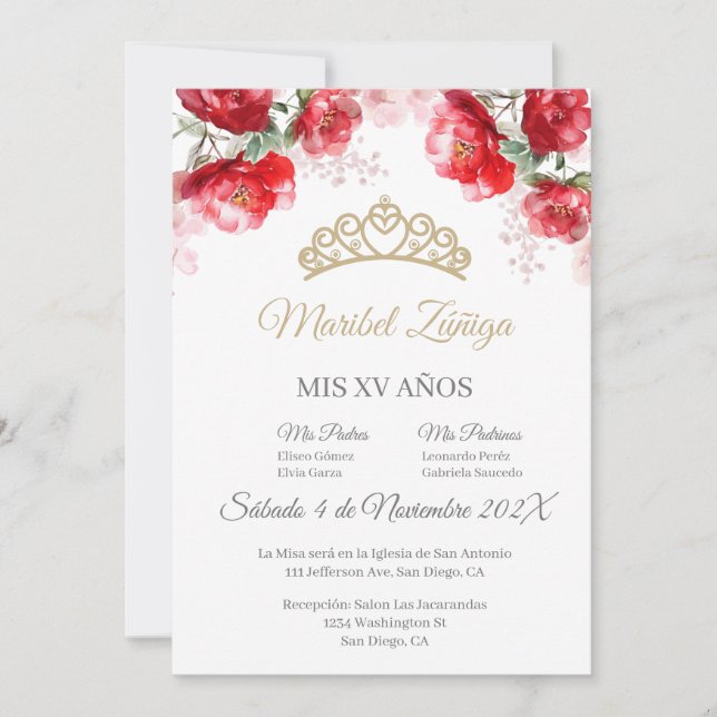 Red flower Quinceanera invitation with crown (Front)