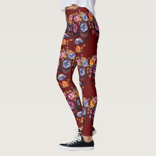 Red Flower Skull Leggings - Sugar Skull