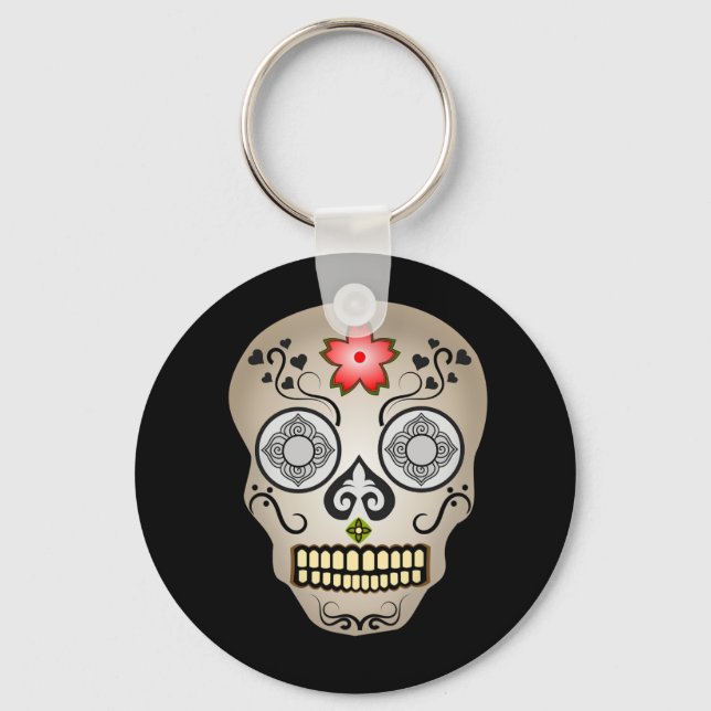 Red Flower Sugar Skull Button Keychain (Front)