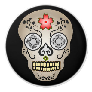 Red Flower Sugar Skull Ceramic Knob
