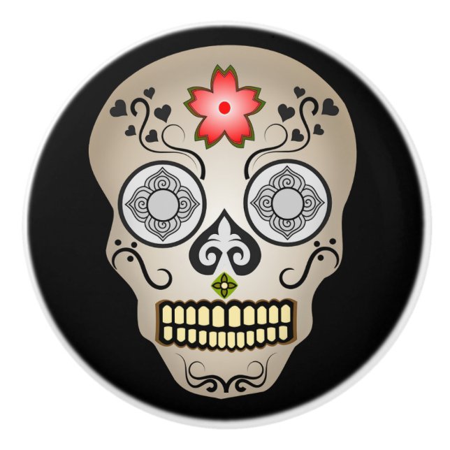 Red Flower Sugar Skull Ceramic Knob (Front)