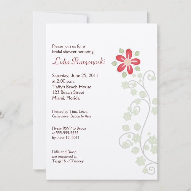 Red Flower Vine 5x7 Bridal Shower Invite (Front)