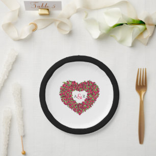Red flower wedding tulip heart bouquet monogram paper plate