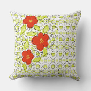 Red Flowered Decorative Pillow With Lime Pattern