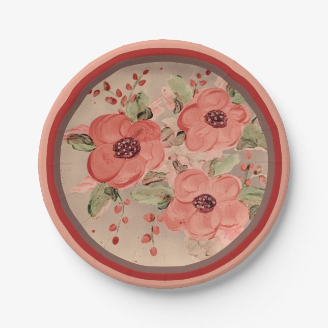 Red Flowered Special Occasion Paper Plates (Front)