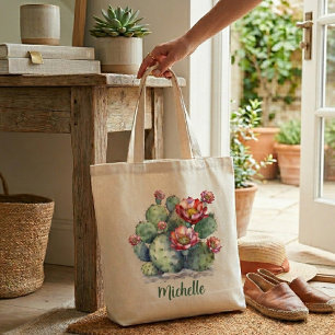 Red Flowering Cactus With Name Tote Bag