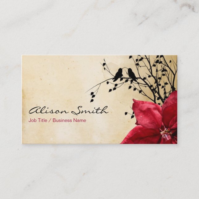 Red flowers and birds in love business card (Front)