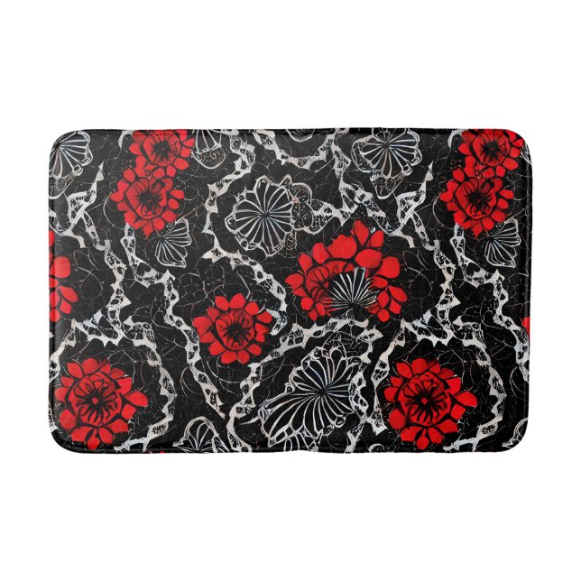 Red Flowers and Black Lace Seamless Pattern Bath Mat (Front)