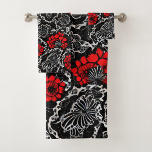 Red Flowers and Black Lace Seamless Pattern Bath Towel Set
